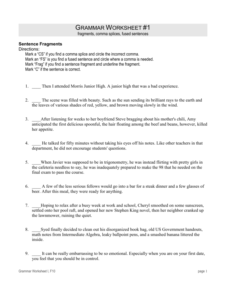 Fragments Comma Splices And Fused Sentences Worksheet