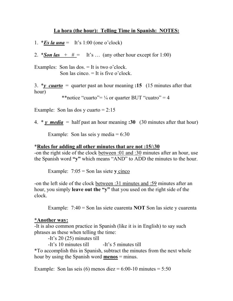 La Hora the Hour Telling Time In Spanish NOTES 