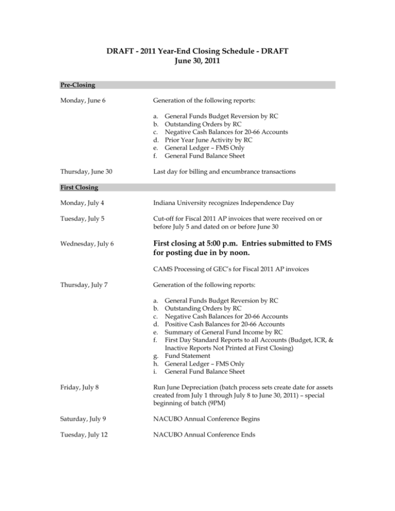 2011 Year End Closing Schedule