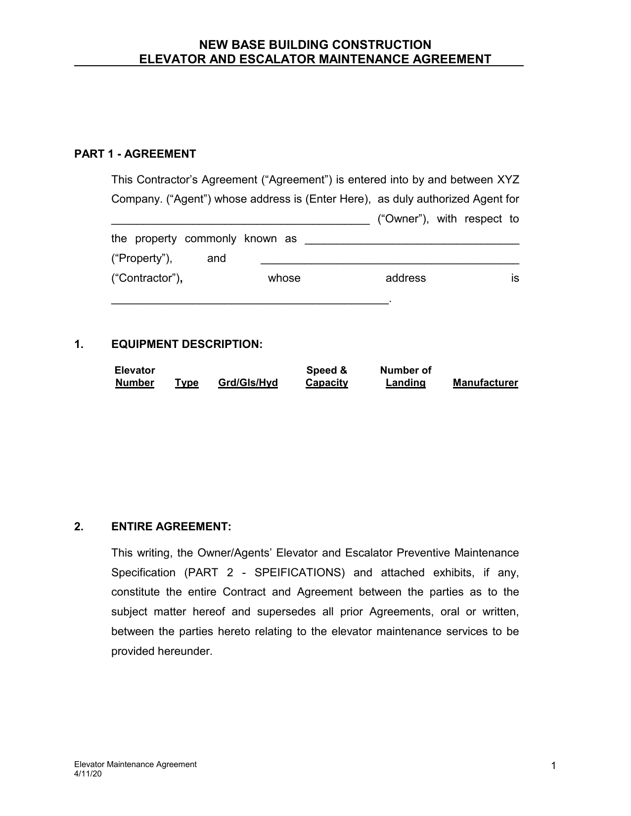 Elevator Maintenance Agreement and Specifications