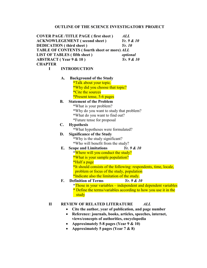 Outline Of The Science Investigatory Project