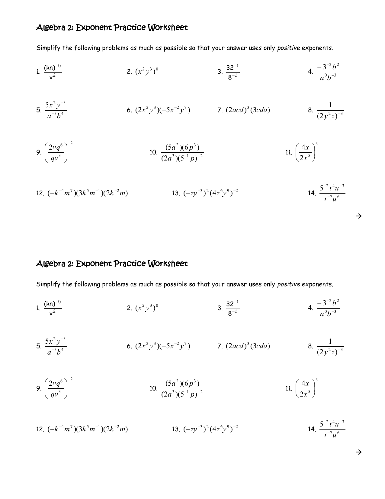 Algebra 20: Exponent Practice Worksheet With Algebra 2 Review Worksheet