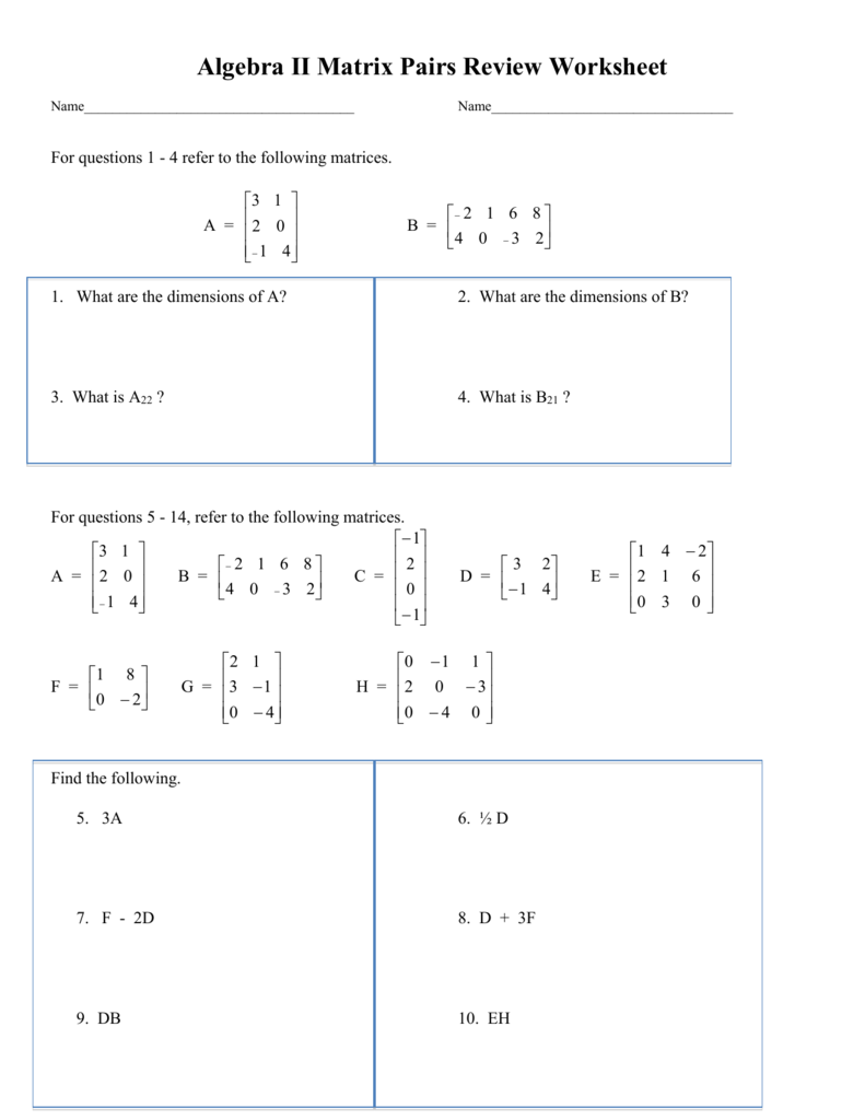 Honors Algebra II Matrix Review Worksheet Inside Algebra 2 Review Worksheet