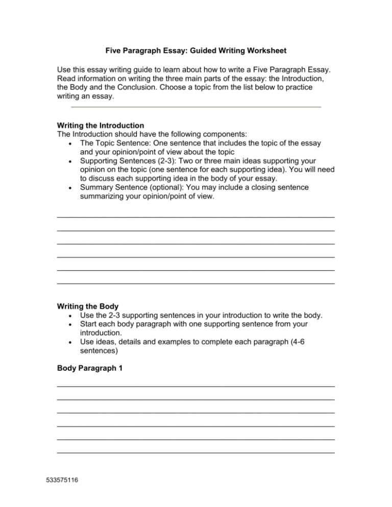 worksheet on writing an essay