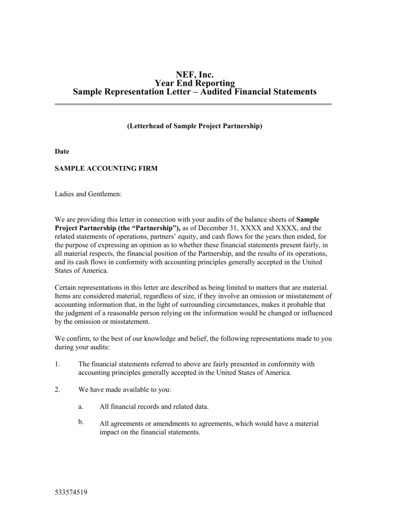 yellow book management representation letter