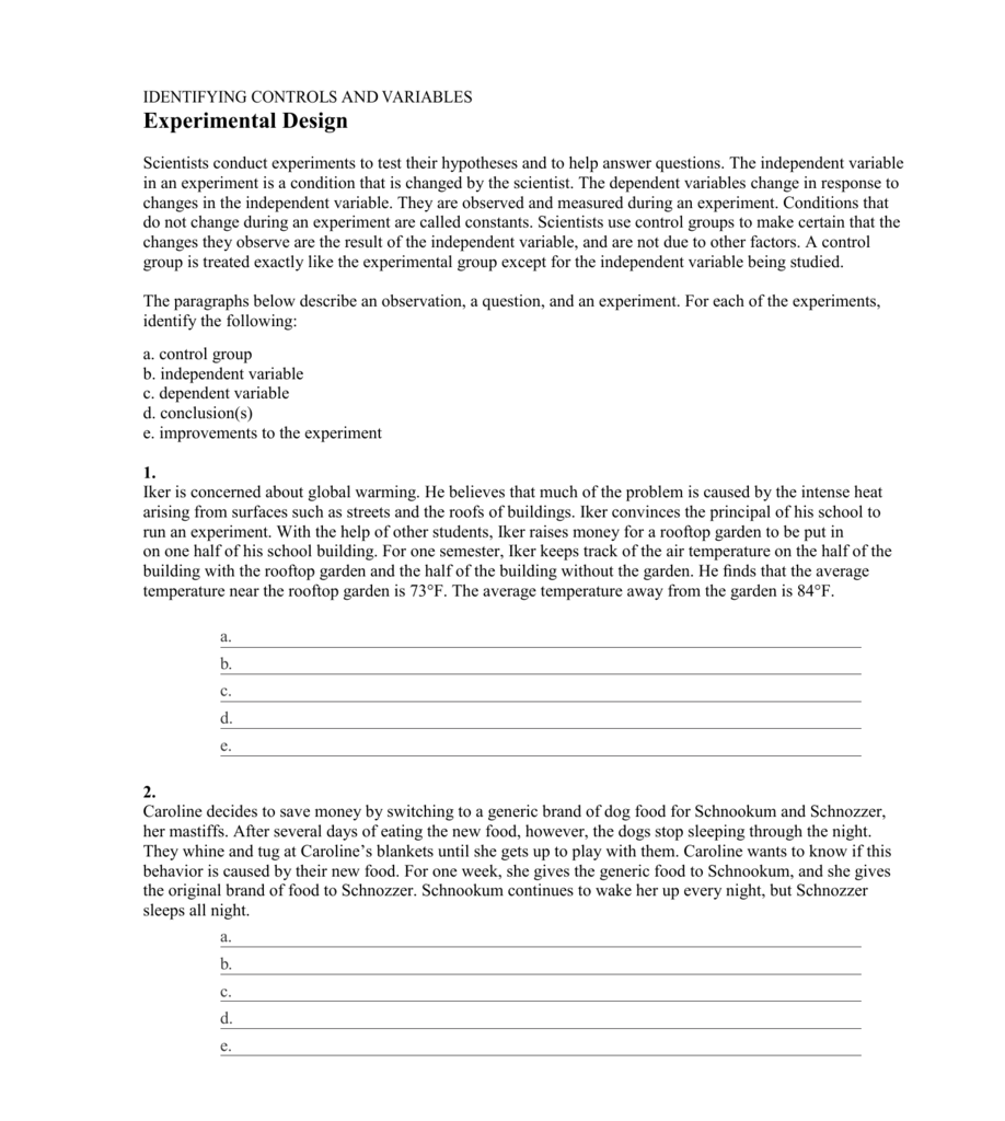 Experimental Design Worksheet For Experimental Design Worksheet Answers