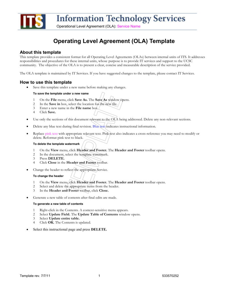 OLA Template - Information Technology Services With Regard To information technology service level agreement template