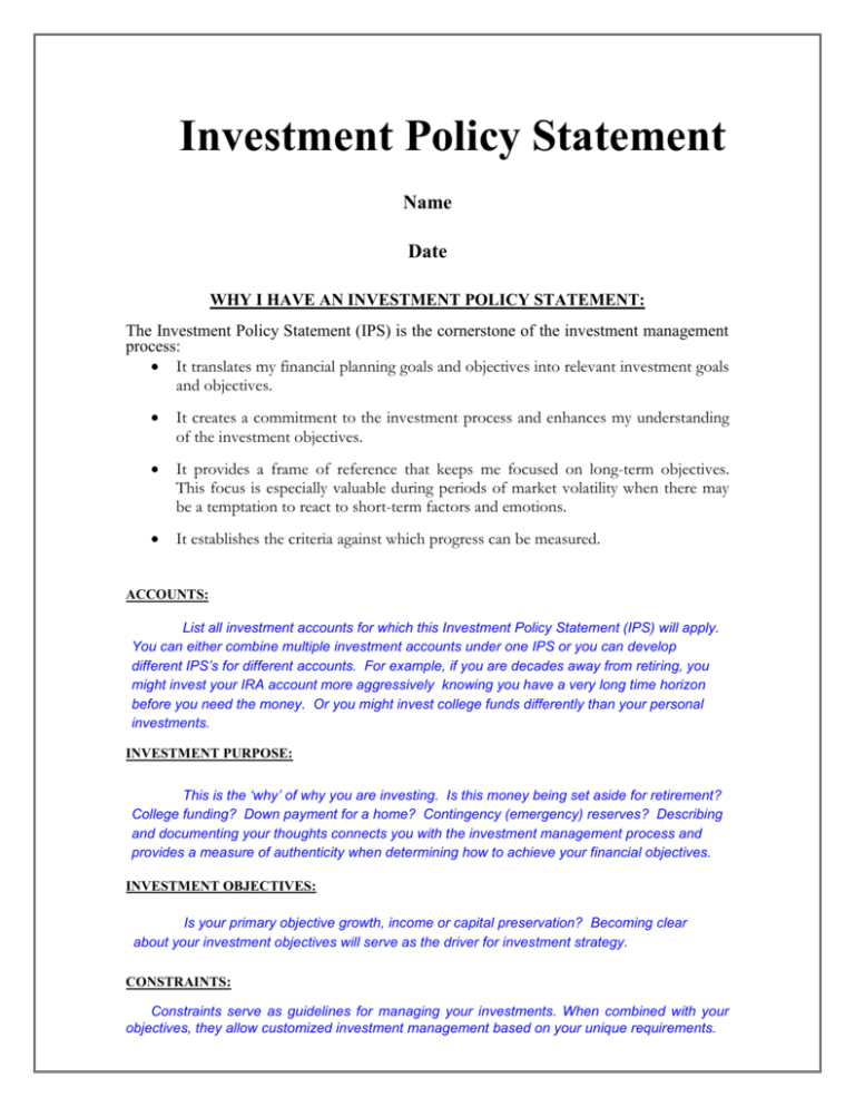 Investment Policy Statement (IPS) Sample