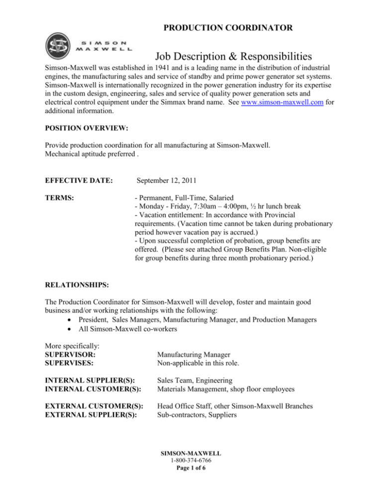 production coordinator job description manufacturing