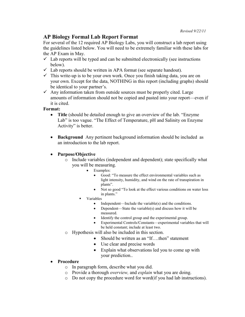 AP Biology Formal Lab Report Format