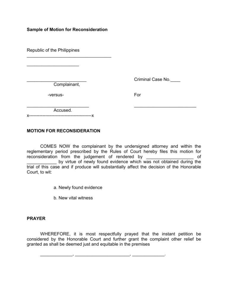 Sample of Motion for Reconsideration