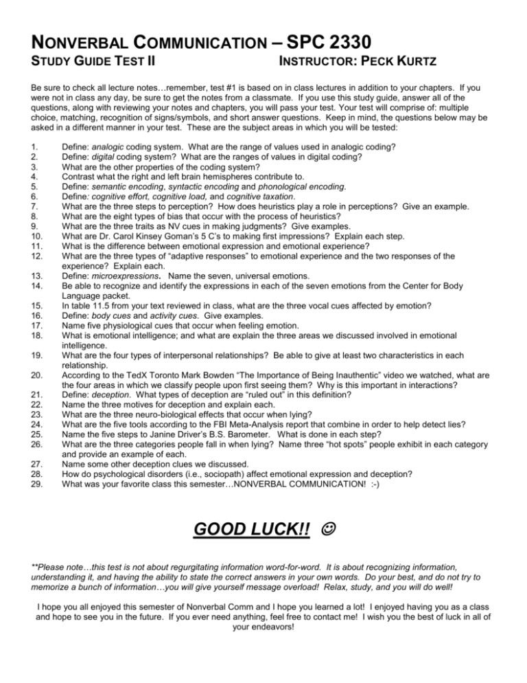 To Test 2 Study Guide SPC 2330 To Test 2 Study Guide SPC 2330