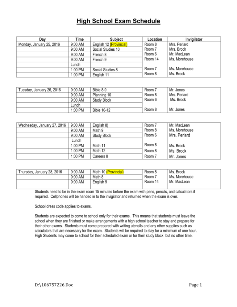 High School Exam Schedule