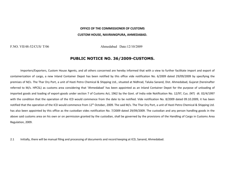 Public Notice No. 36/2009 - Customs