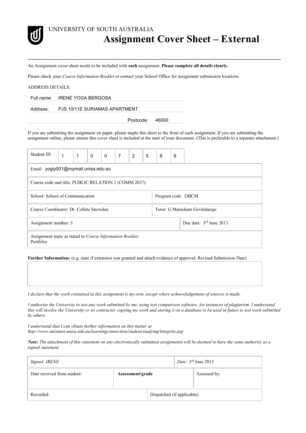 unisa assignment declaration form