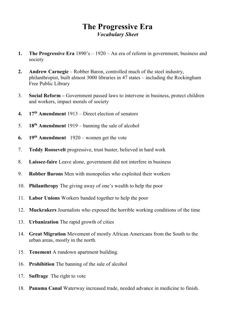 The Progressive Era Pertaining To The Progressive Era Worksheet