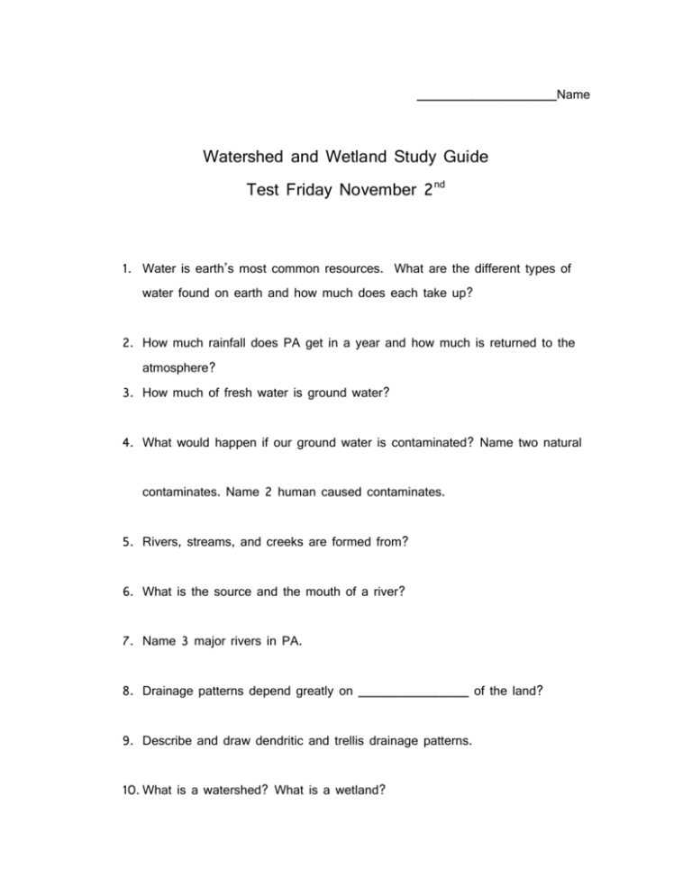 Watershed And Wetland Study Guide