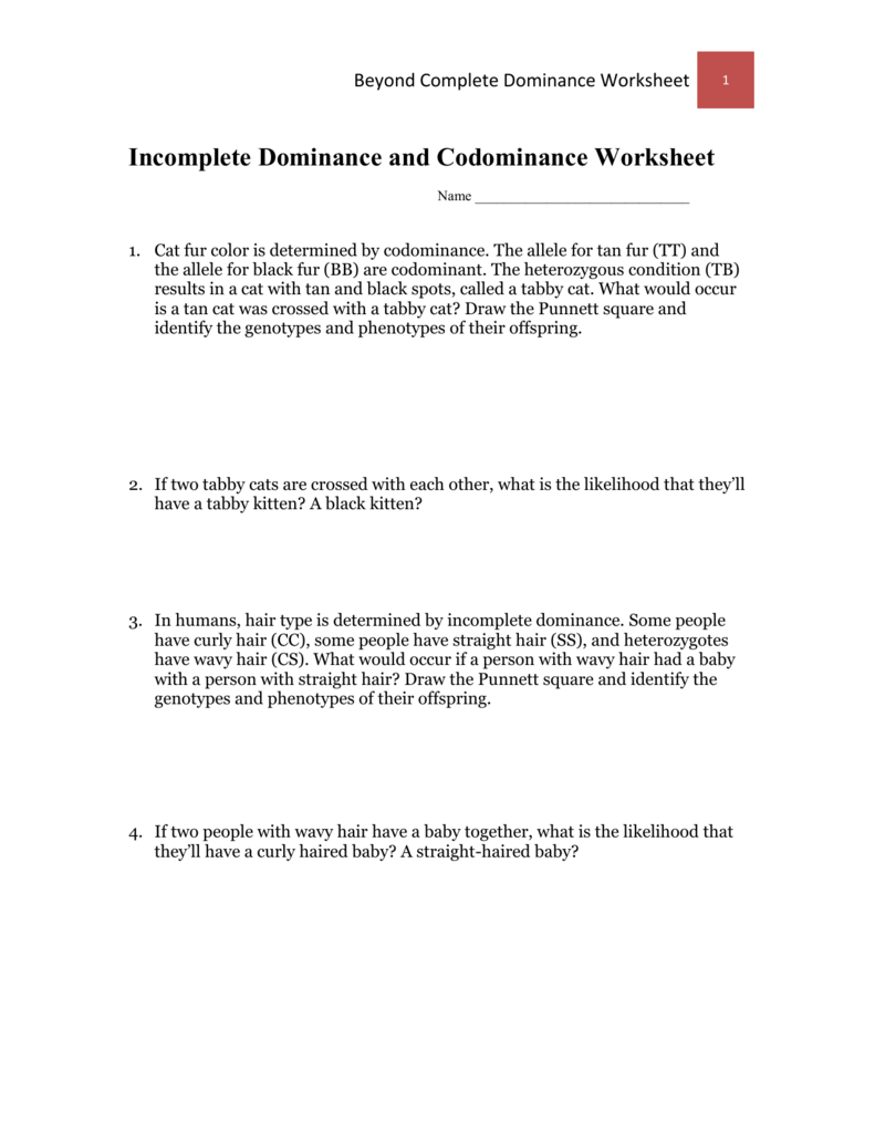 Worksheet Incomplete Dominance And