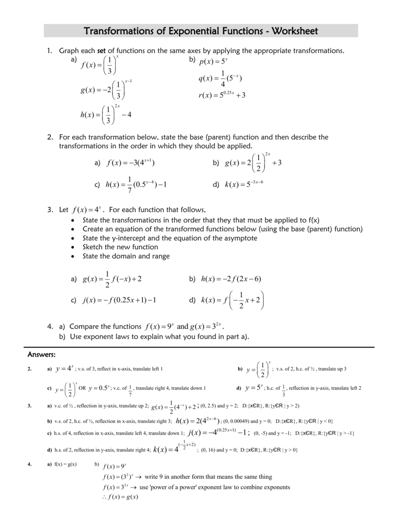 Transformations of Exponential Functions Within Exponential Functions Worksheet Answers