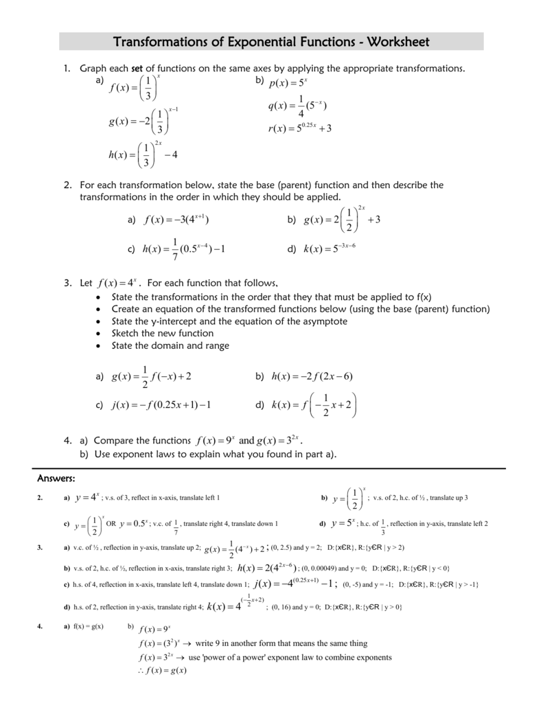 Transformations of Exponential Functions Regarding Exponential Functions Worksheet Answers