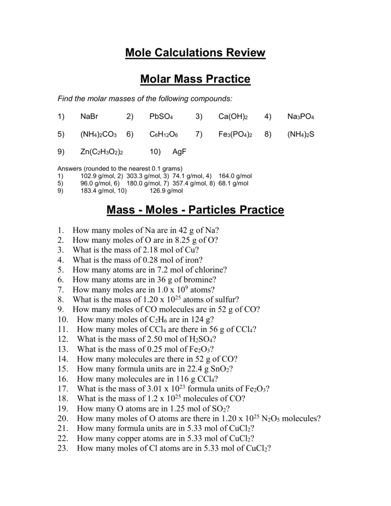 Molar Mass Practice Worksheet Throughout Molar Mass Practice Worksheet