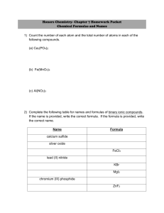 Honors Chemistry- Chapter 7 Homework Packet Chemical Formulas