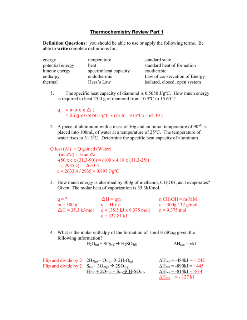 Thermochemistry Worksheet 1 Answers - Promotiontablecovers