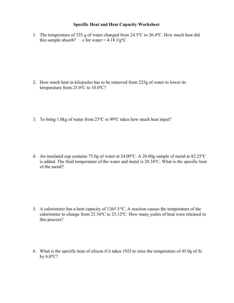 Specific Heats Of Common Materials Worksheet Answer Key
