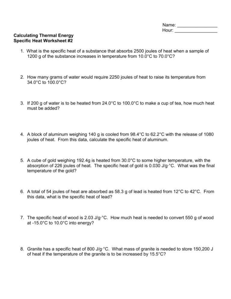 Specific Heat Worksheet 2