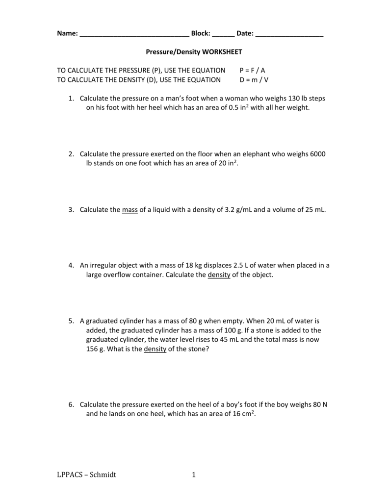 Density Calculations Worksheet Answers