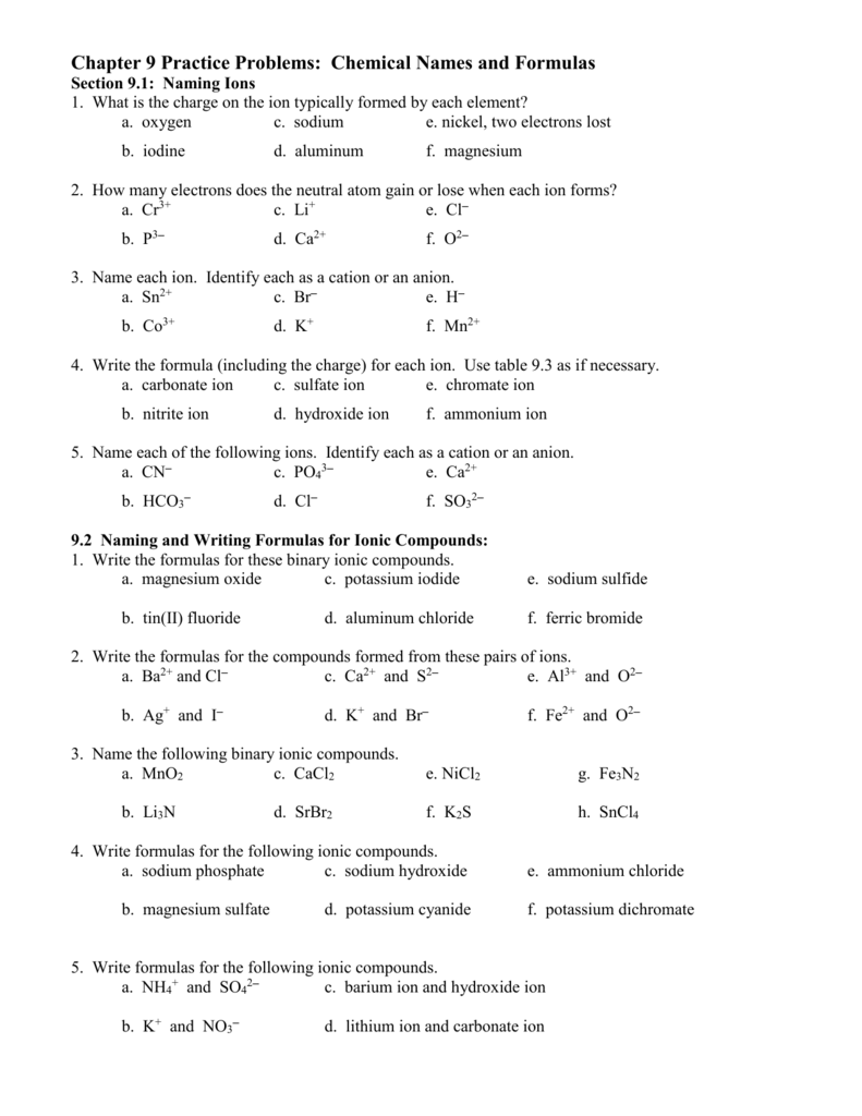 Chapter 9 Chemical Names And Formulas Worksheet Answers