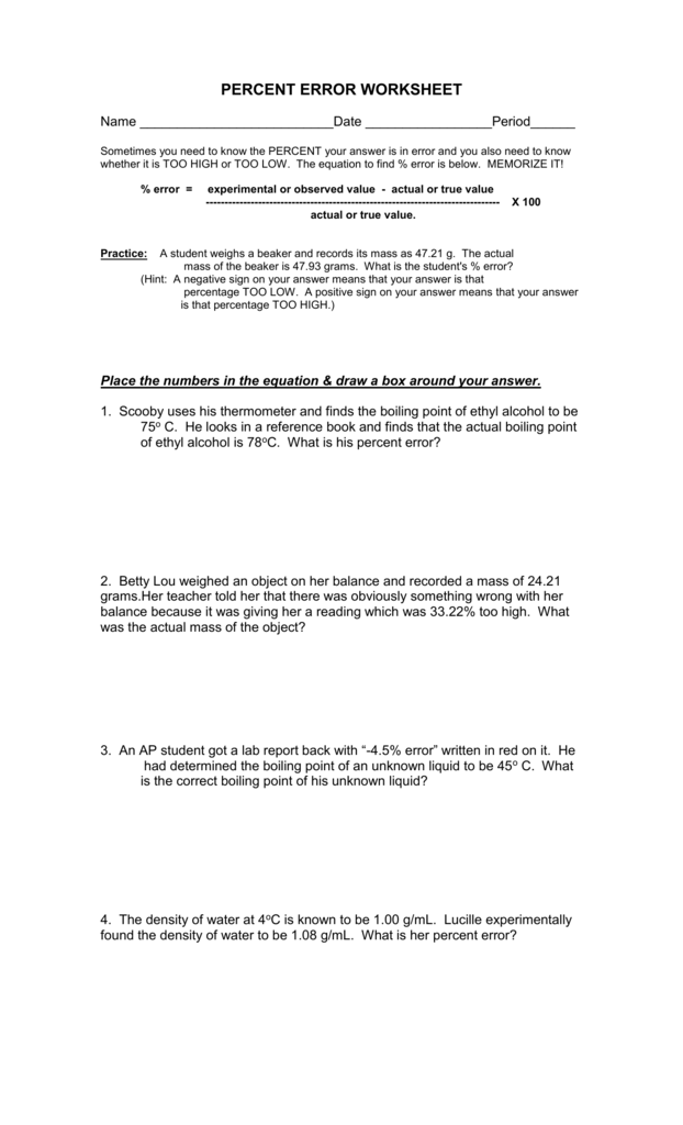 Chemistry Percent Error Worksheet