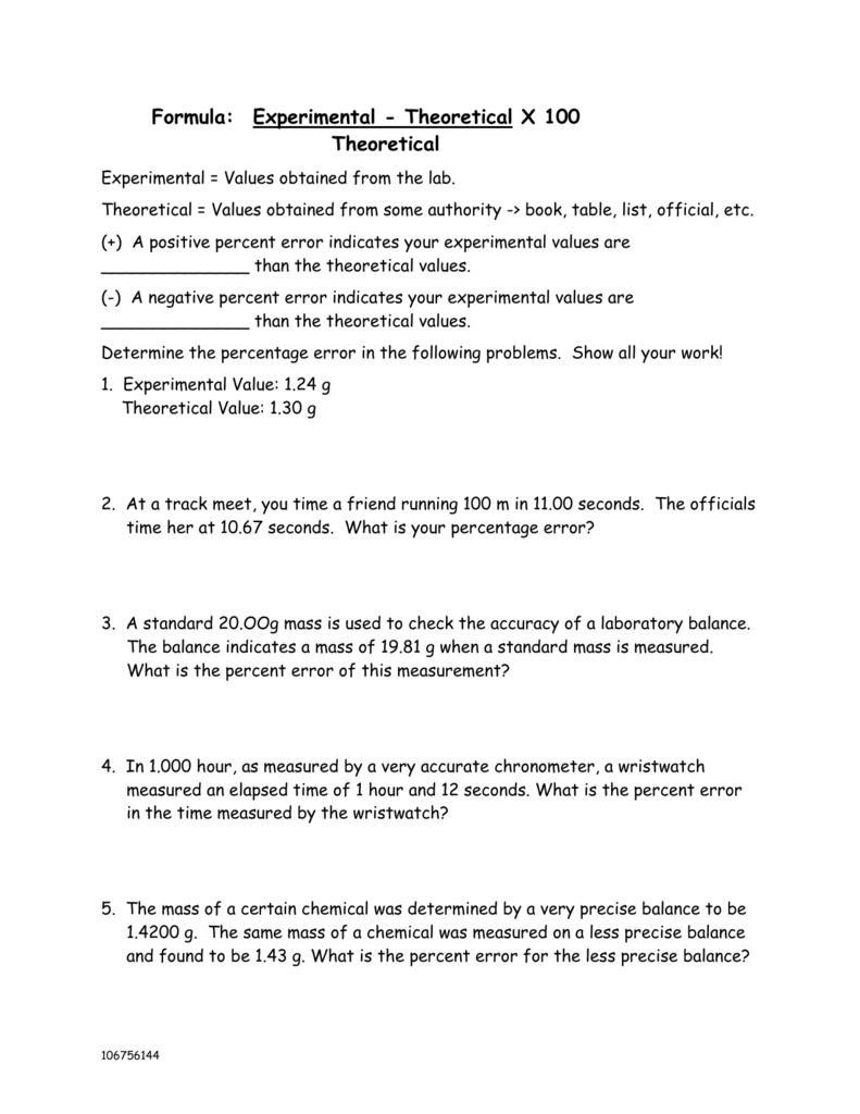 Accuracy And Precision Percent Error Worksheet Answers For Accuracy And Precision Worksheet Answers