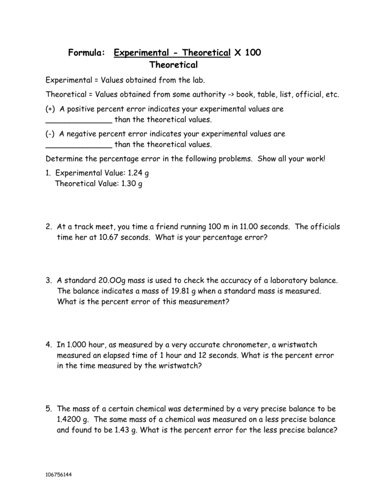 Accuracy And Precision Percent Error Worksheet Answers Inside Accuracy And Precision Worksheet