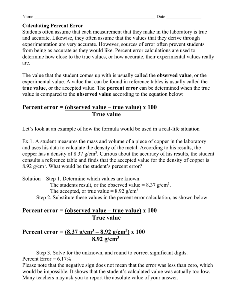 Percent Error Worksheet Answer Key - Promotiontablecovers Pertaining To Percent Error Worksheet Answer Key