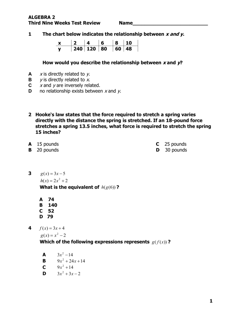 Algebra 2 Regular 3rd 9wks Test