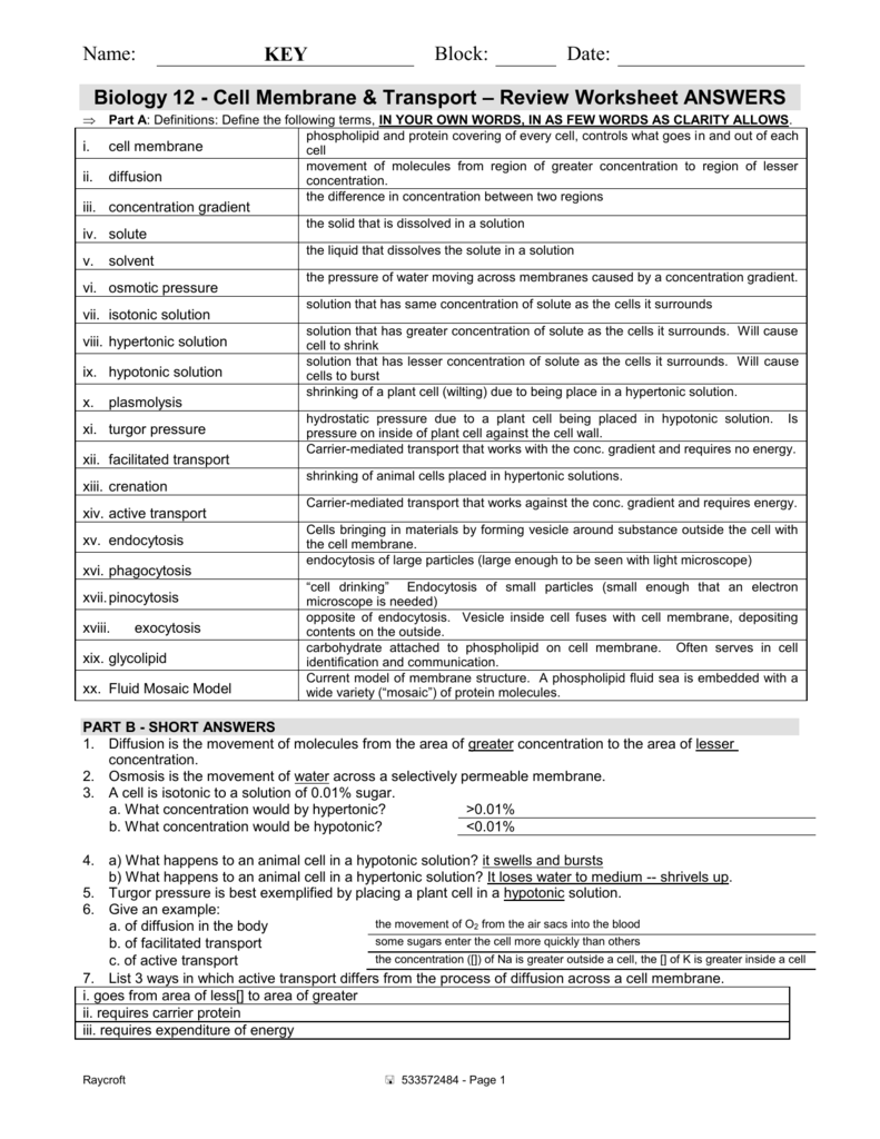 Biology 12 Cell Membrane And Transport Review Worksheet 7503