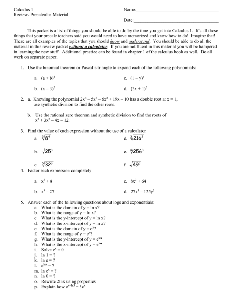 precalculus review packet with answers 2016-2107