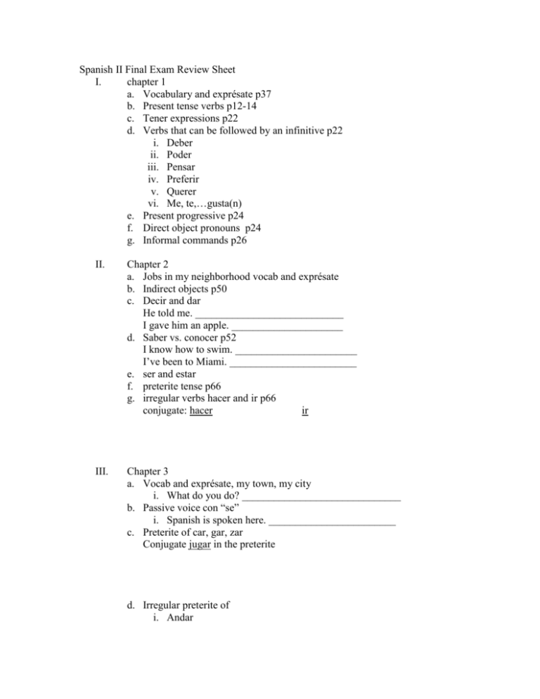 Spanish 2 Final Exam Practice Test Semester 1