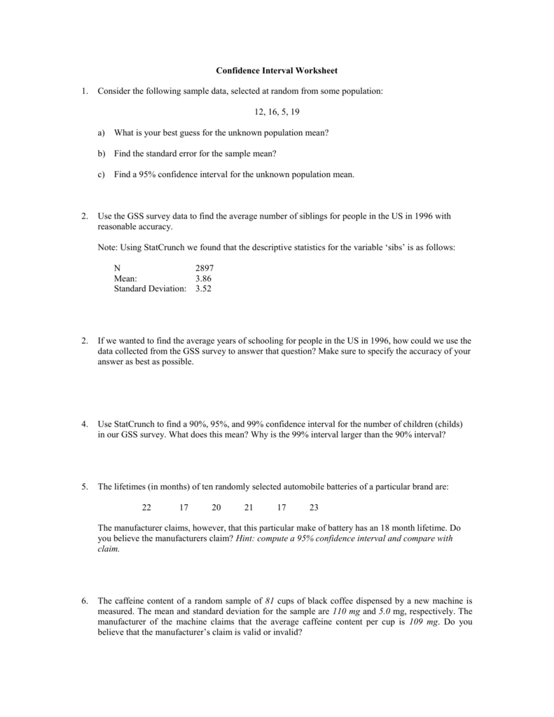 Confidence Interval Worksheet