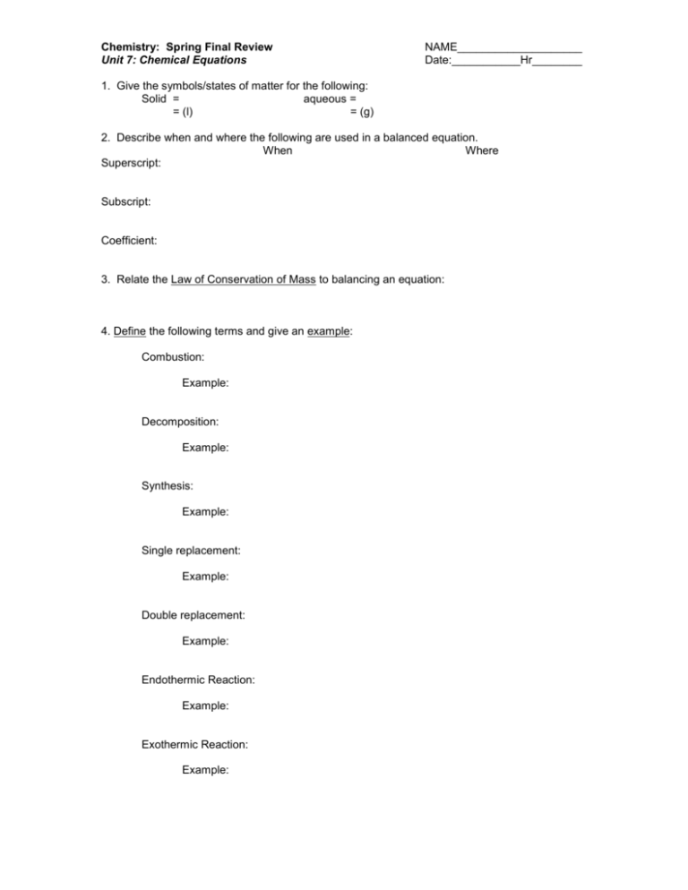 Honors Chemistry Spring Final Review Answer Key