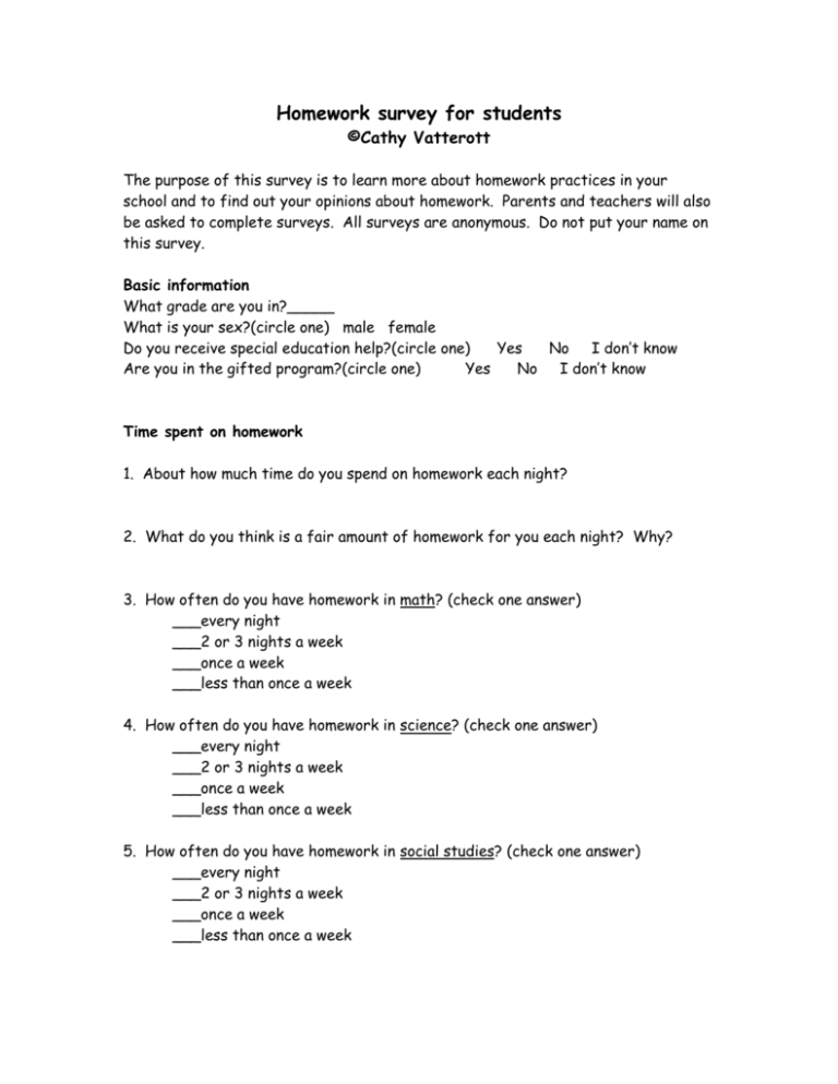 homework survey primary school