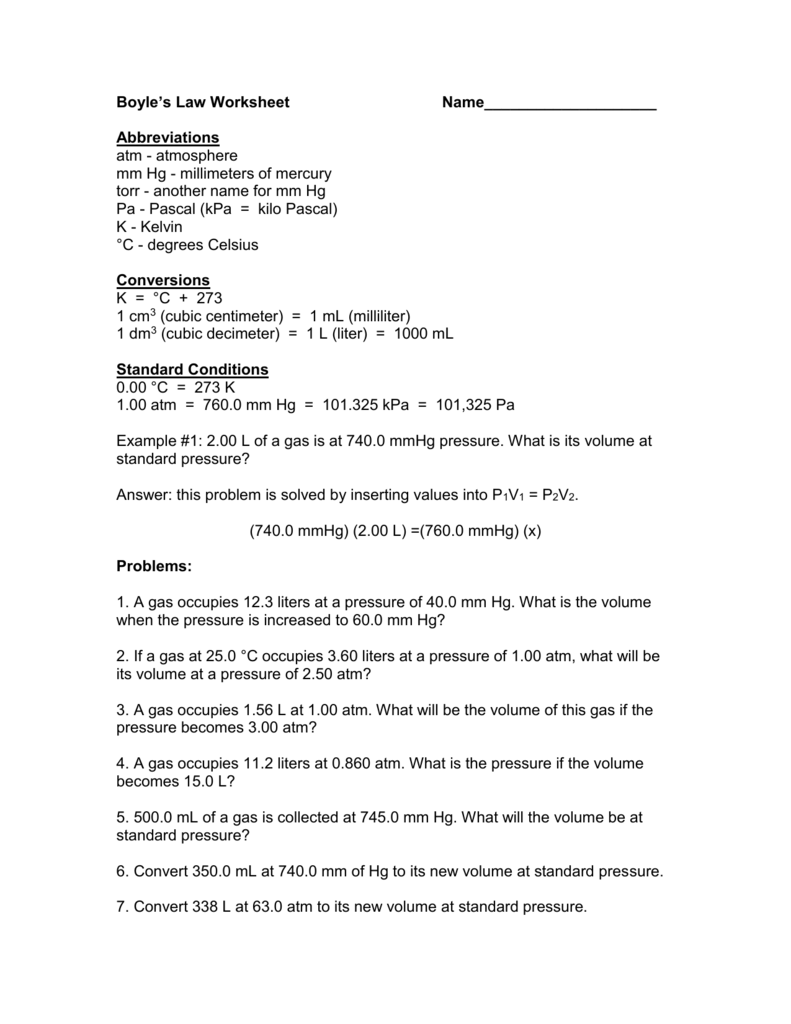 Boyle's Law Worksheet Name