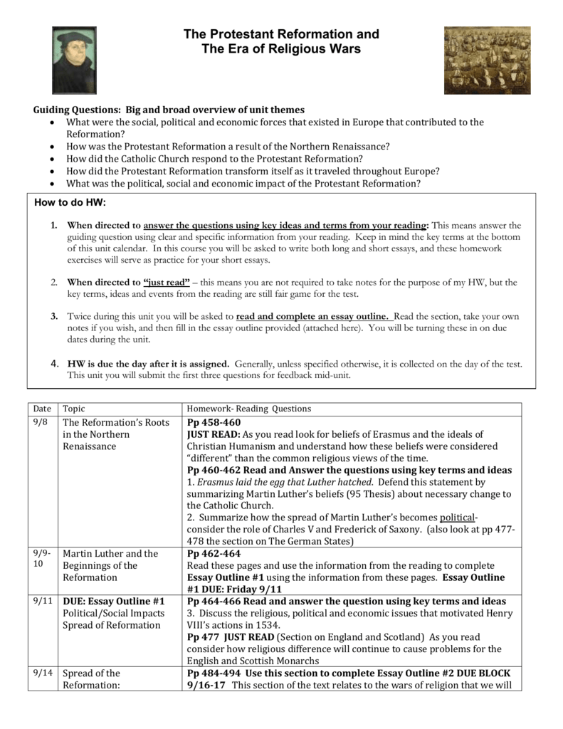 Protestant Reformation Chart Answers