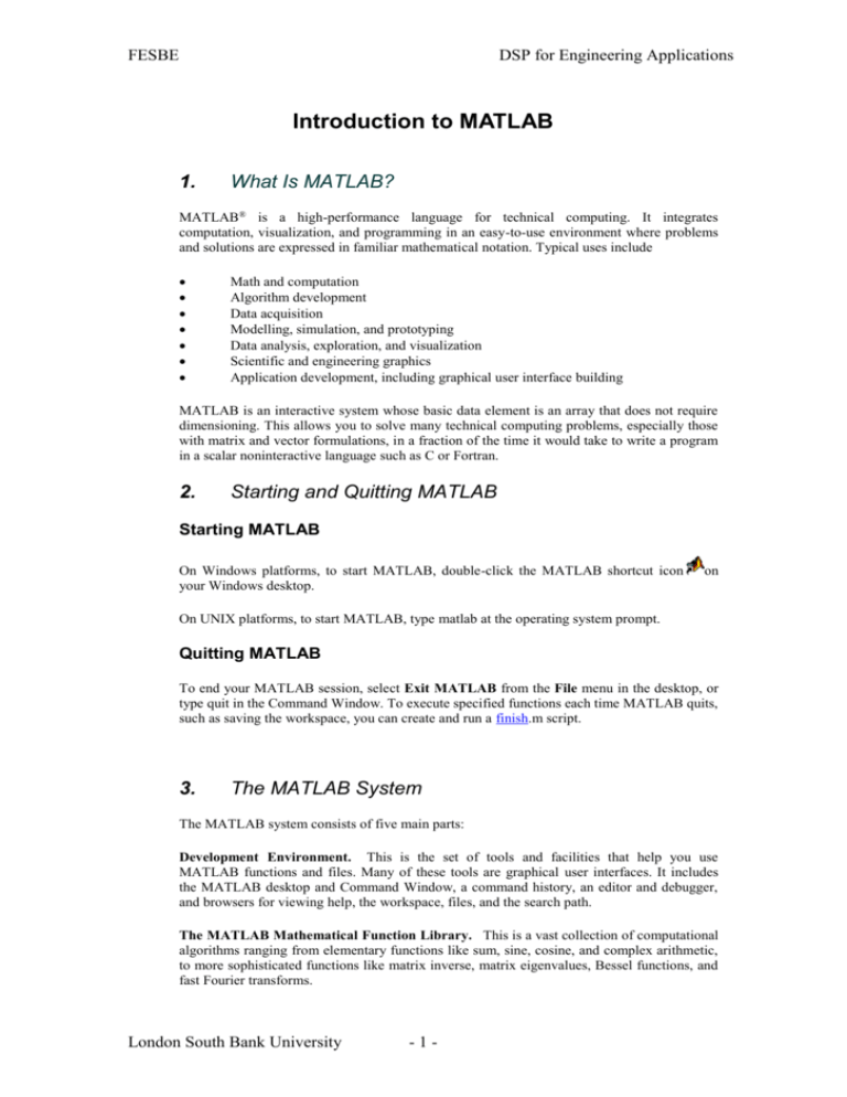 Introduction to MATLAB London South Bank University