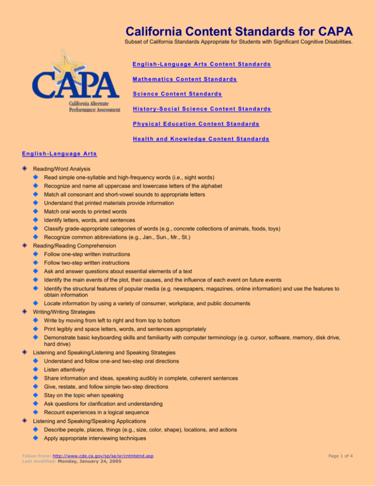 California Content Standards For CAPA