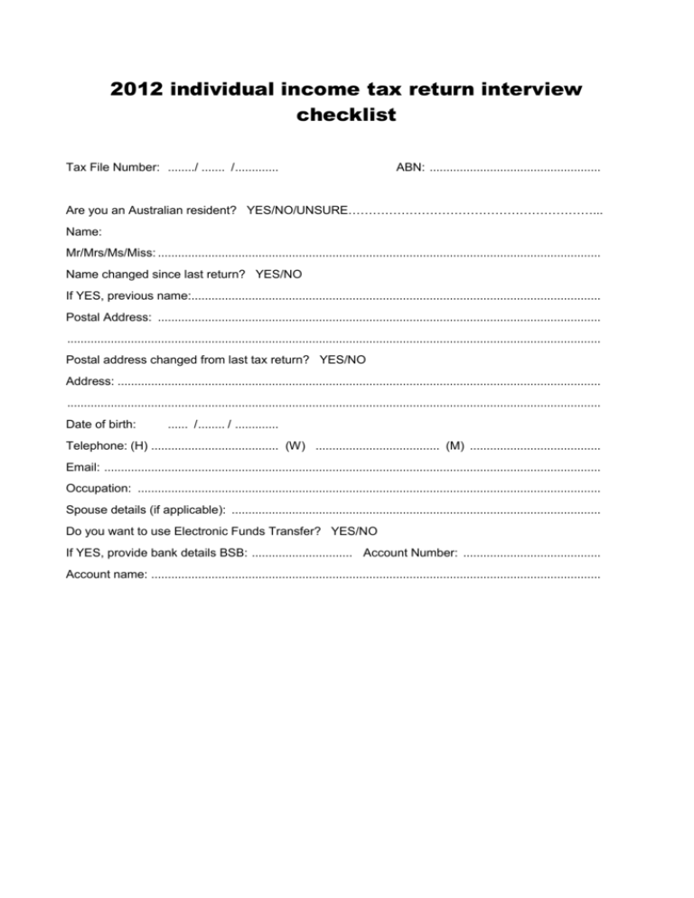 2012 Individual Tax Return Checklist