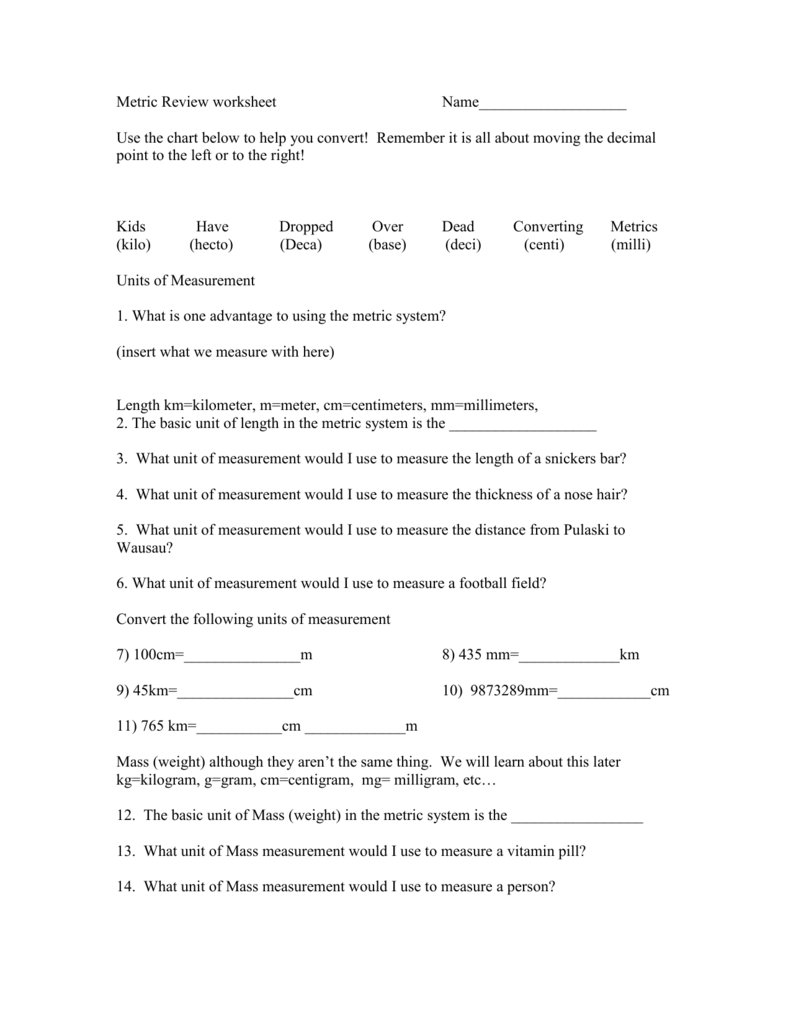 Metric Review worksheet With Metrics And Measurement Worksheet Answers