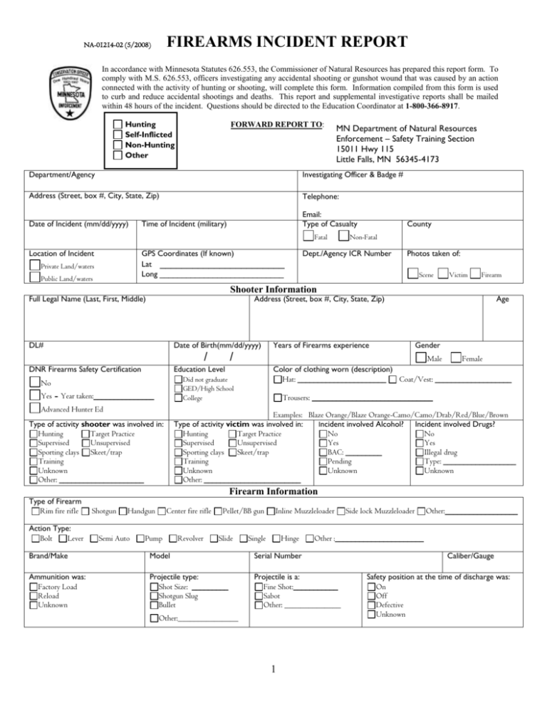 2008 Firearms Incident Report Form 5112