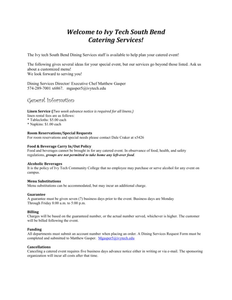 Catering Guide Ivy Tech Community College Catering Guide Ivy Tech Community College